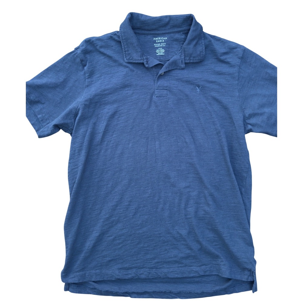 American Eagle Polo Shirt Mens Large Blue Super Soft Slub Knit Casual Good